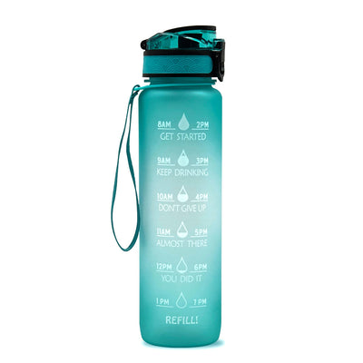 1L Motivational Tritan Water Bottle with Time Marker & Leakproof Flip-Top Lid.