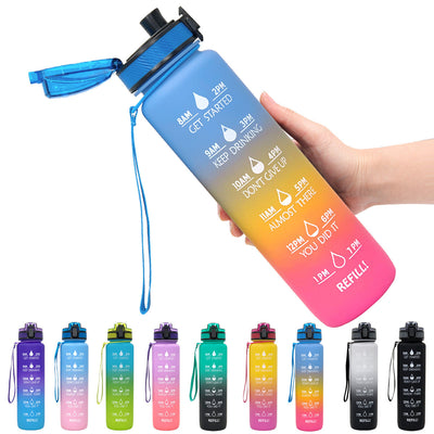 1L Motivational Tritan Water Bottle with Time Marker & Leakproof Flip-Top Lid.