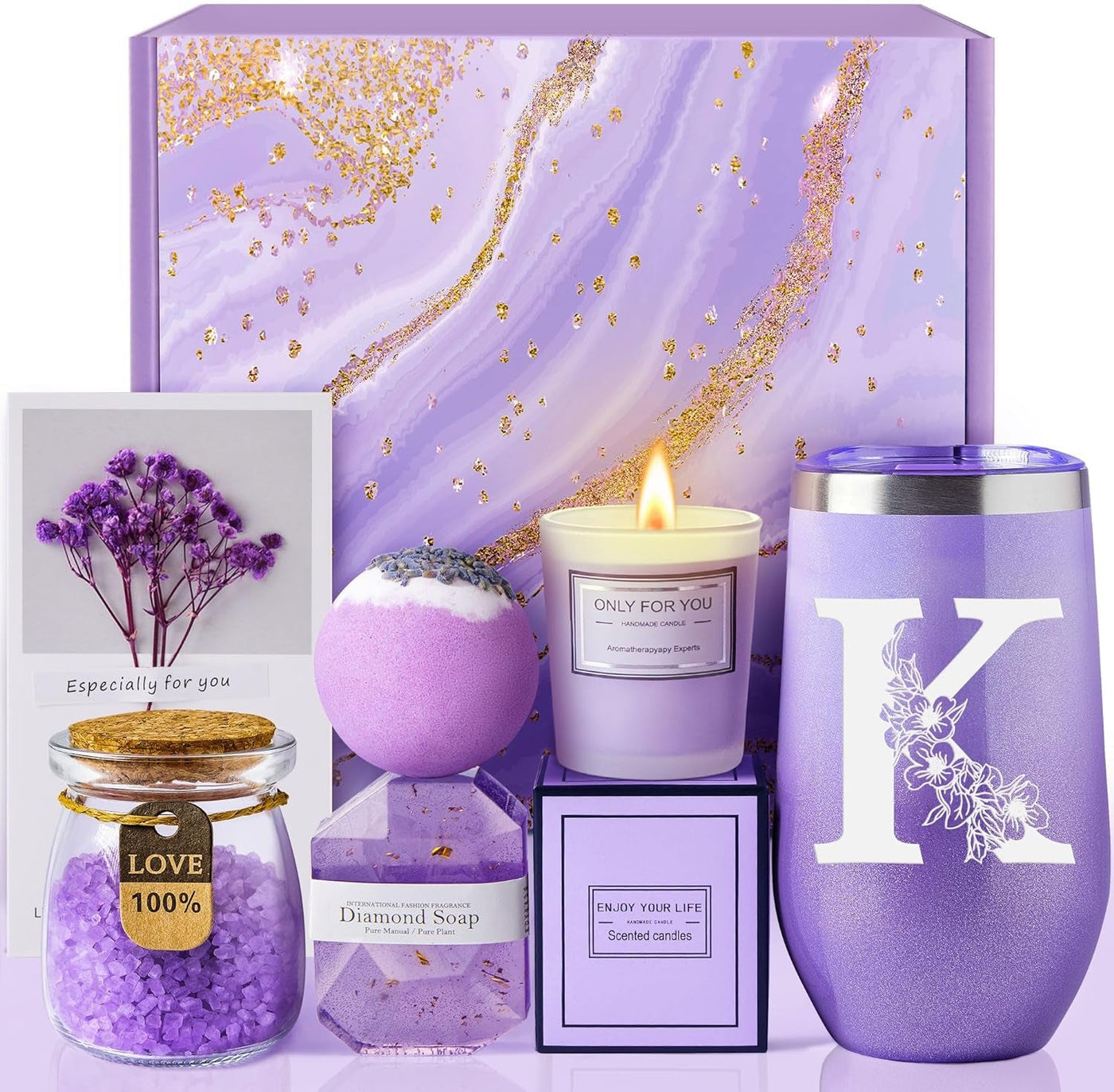Personalized Initial Lavender Spa Gift Basket Set for Women