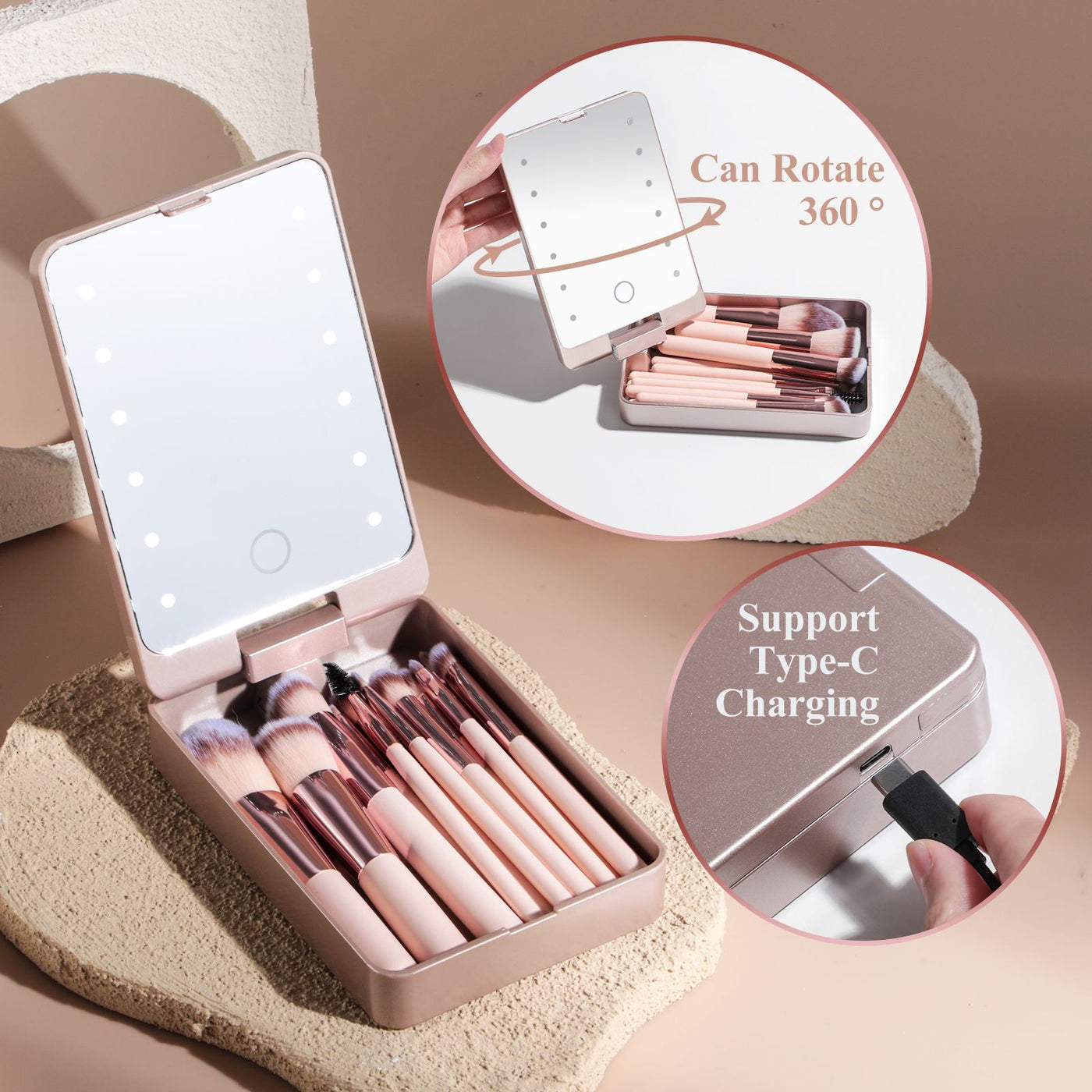 Makeup Brush Set with Rechargeable Luminous Touch Light Mirror & Travel Case