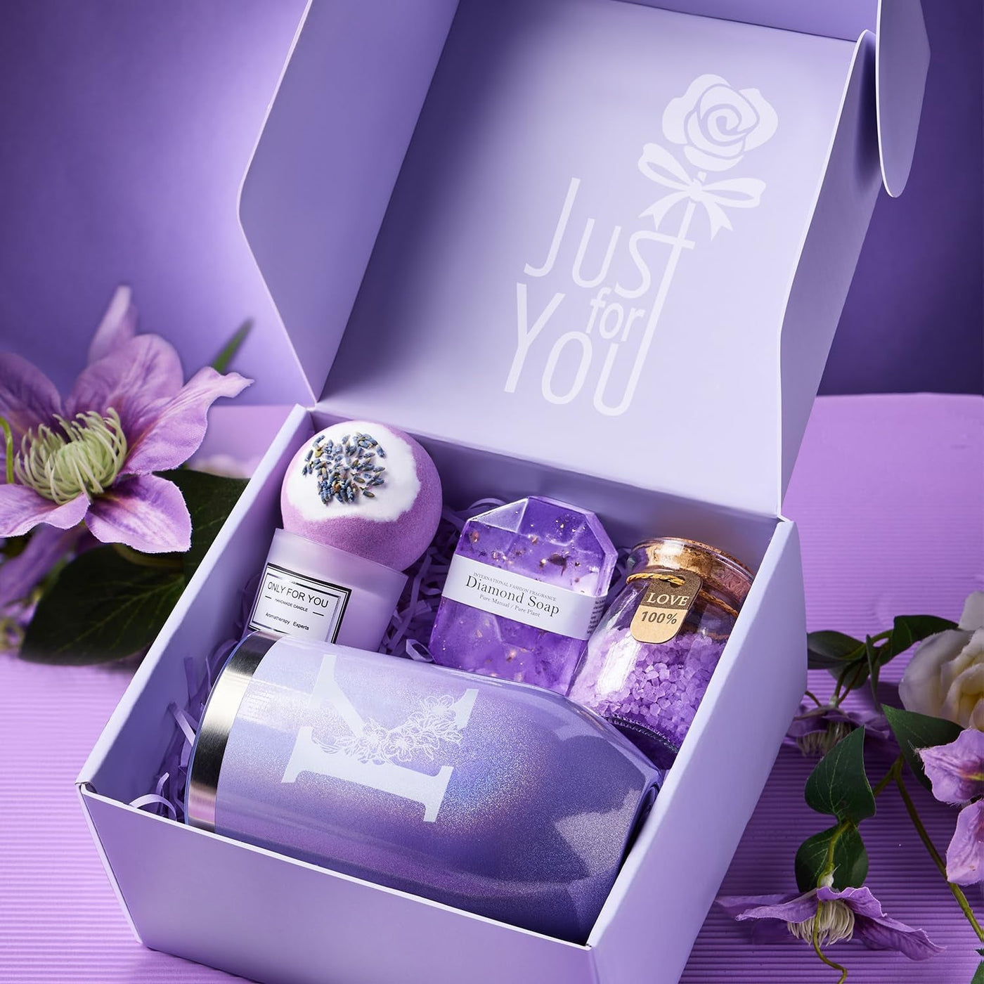 Personalized Initial Lavender Spa Gift Basket Set for Women